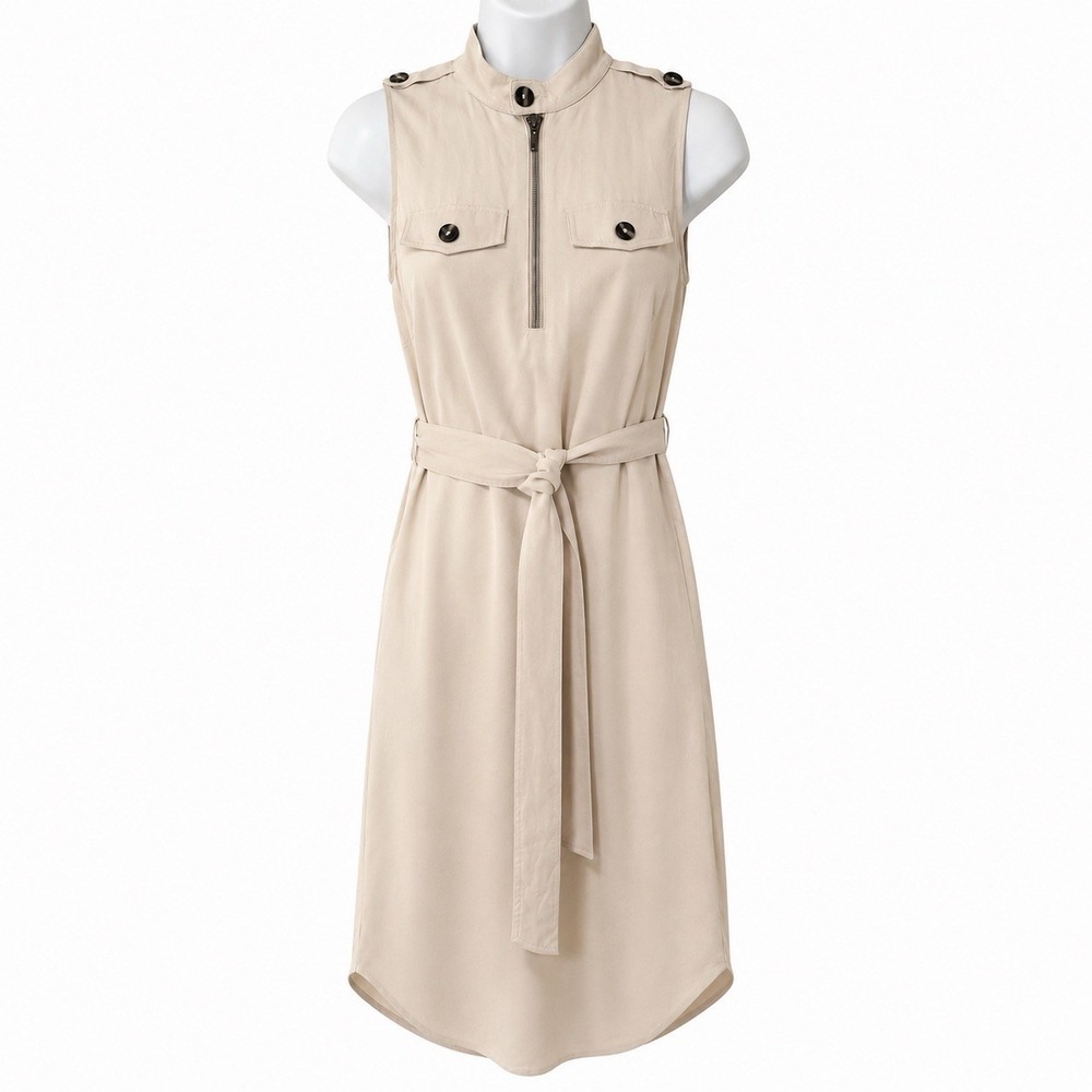 Tristan Beige Utility Shirt Dress Belted Sleeveless‎ Safari Midi XS
